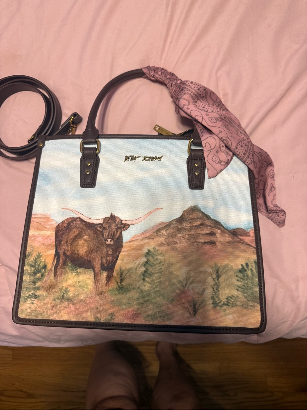 Betsey Johnson Brown & Pink Longhorn Print Satchel with Scarf